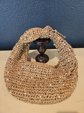 Haute Hippie Tan Raffia Straw Woven Pearl-Embellished Crecent Hobo Bag NWOT